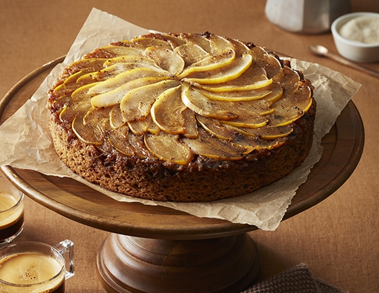Upside-down brown butter pear cake