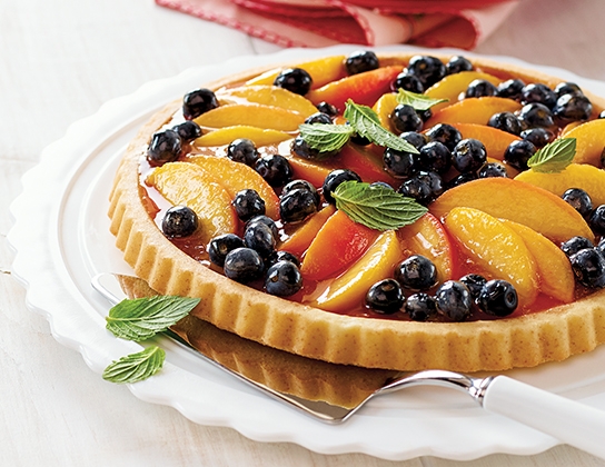Peach and blueberry flan