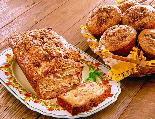 Rhubarb apple loaf with brown sugar-cinnamon topping