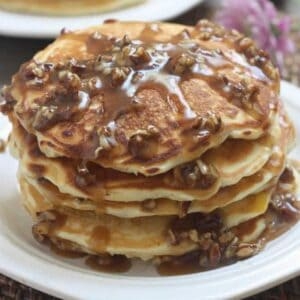 Maple bacon pancakes with pecan praline topping