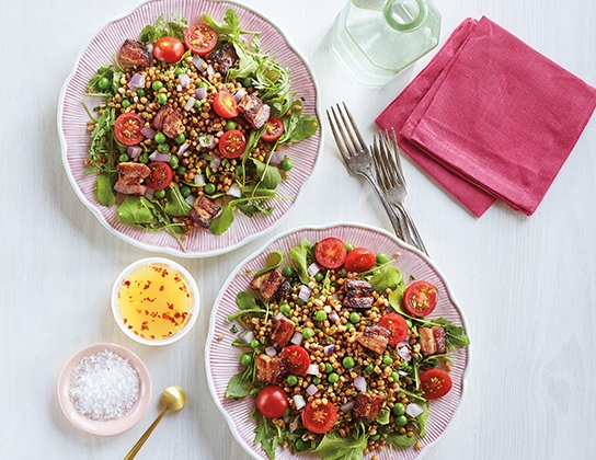 Wheat berry salad with bacon and peas