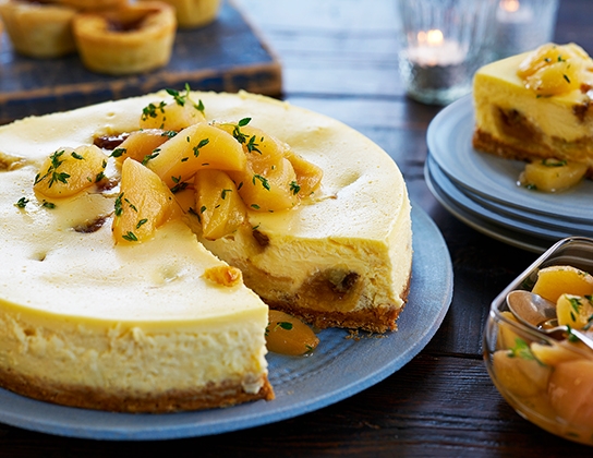 Butter tart cheesecake with roasted pear compote