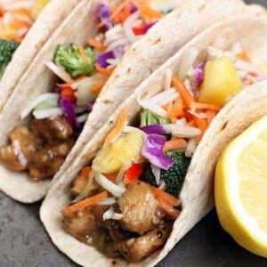 Thai peanut chicken tacos with pineapple slaw