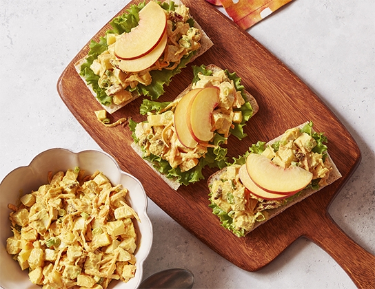 Curried chicken, peach and pecan salad