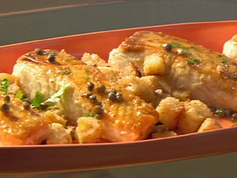 Halibut with lemon, capers, and croutons recipe