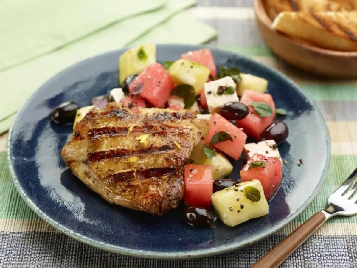 30-minute grilled chicken thighs with watermelon and feta salad recipe