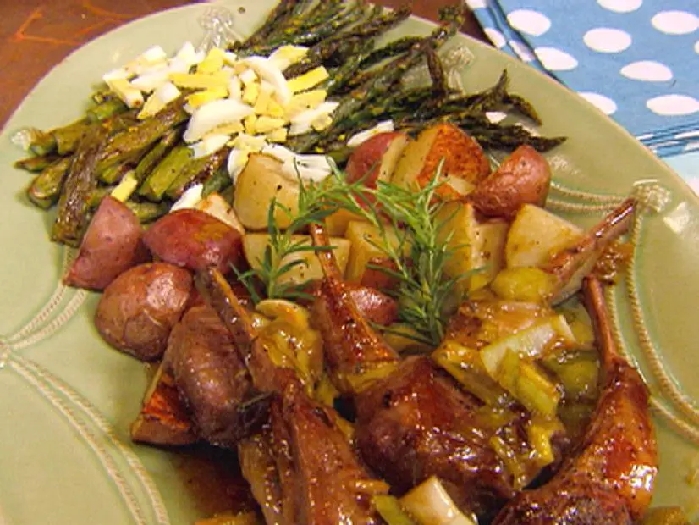 Lamb chops with rosemary plum sauce and roasted asparagus with lemon vinaigrette and diced egg recipe