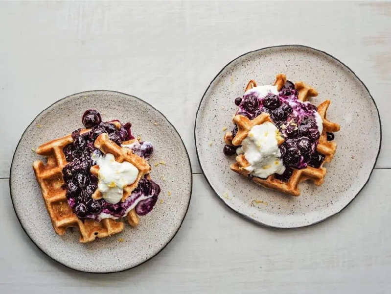 Waffles with blueberry compote and lemon ricotta cream recipe