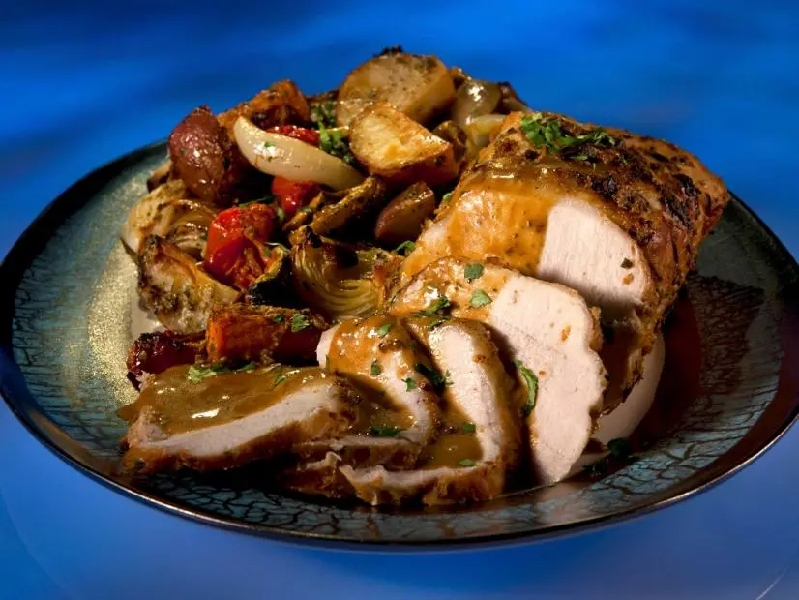 Jkl pesto pork and veggie roast recipe