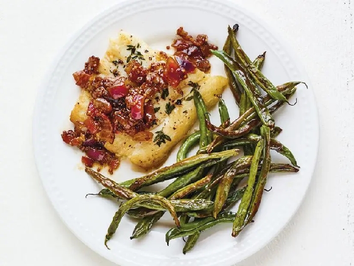 Halibut with bacon jam and roasted green beans recipe
