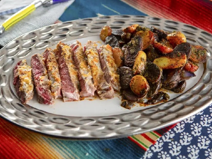 Habanero-parmesan crusted steak with peri peri potatoes recipe | aaron may | food network