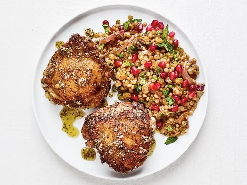 Za’atar chicken thighs with pearl couscous recipe