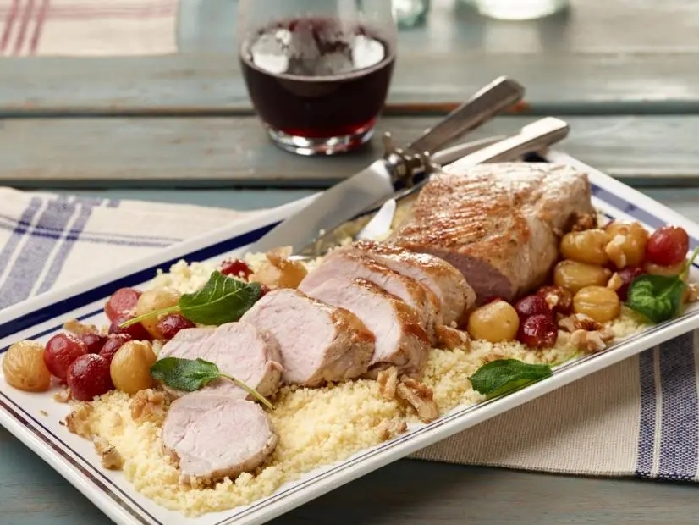30-minute roasted pork with grapes and couscous recipe