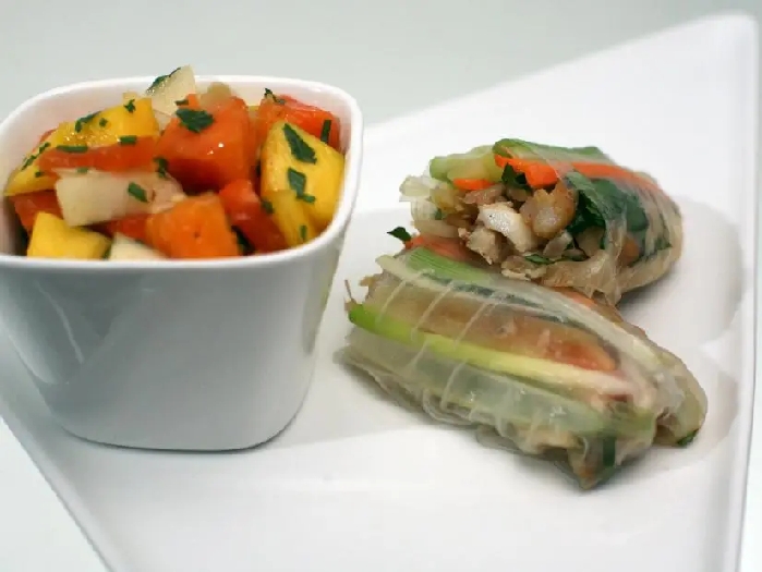 Yellow chile spring rolls and tropical fruit salad recipe | herb mesa | food network