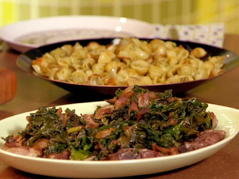 Lamb chops with greens and crispy orecchiette pasta with walnut-rosemary pesto recipe