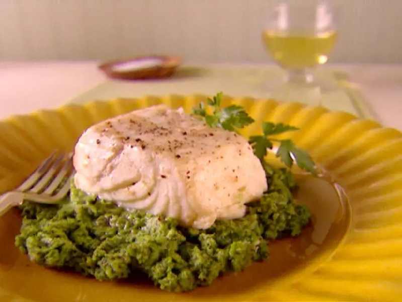 Halibut poached in olive oil with broccoli rabe pesto recipe