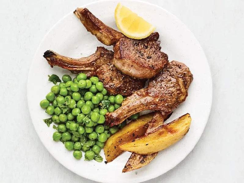 Lamb chops with lemon potatoes and minty peas recipe
