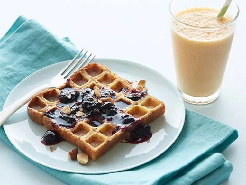 Waffled blueberry french toast with a carrot-ginger smoothie recipe