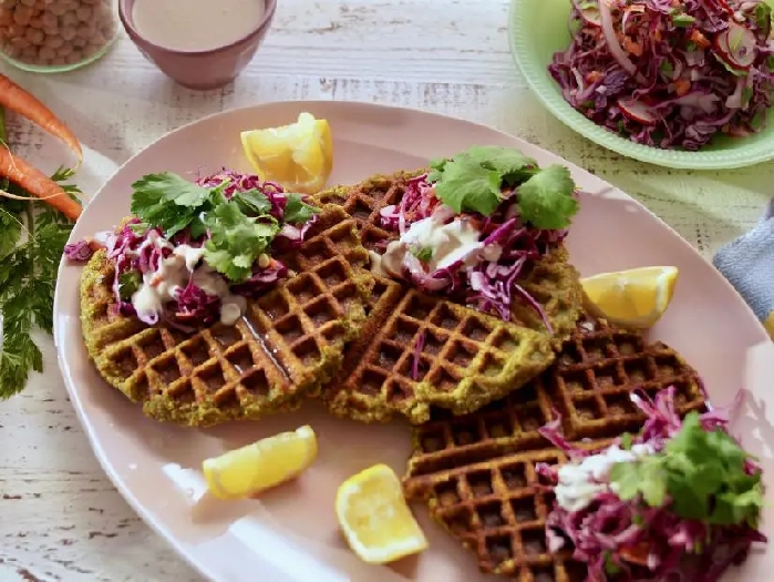 Falafel waffles with creamy lemon yogurt slaw recipe