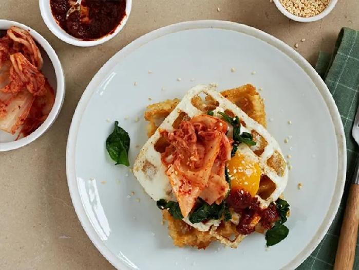 Waffled rice and eggs with kimchi and gochujang recipe