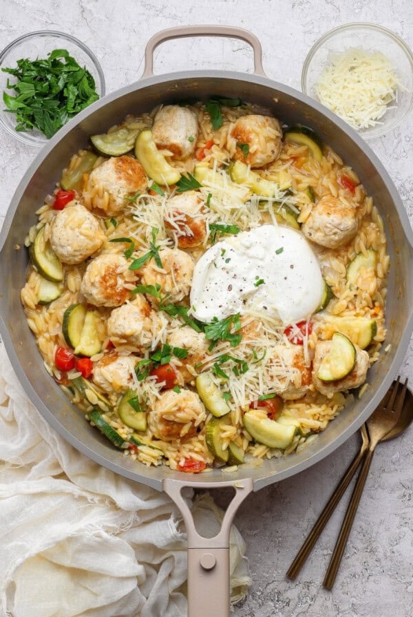 Summer squash orzo skillet with chicken meatballs