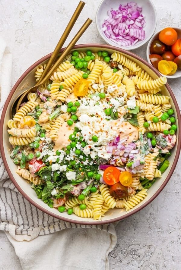 Cottage cheese roasted red pepper pasta salad