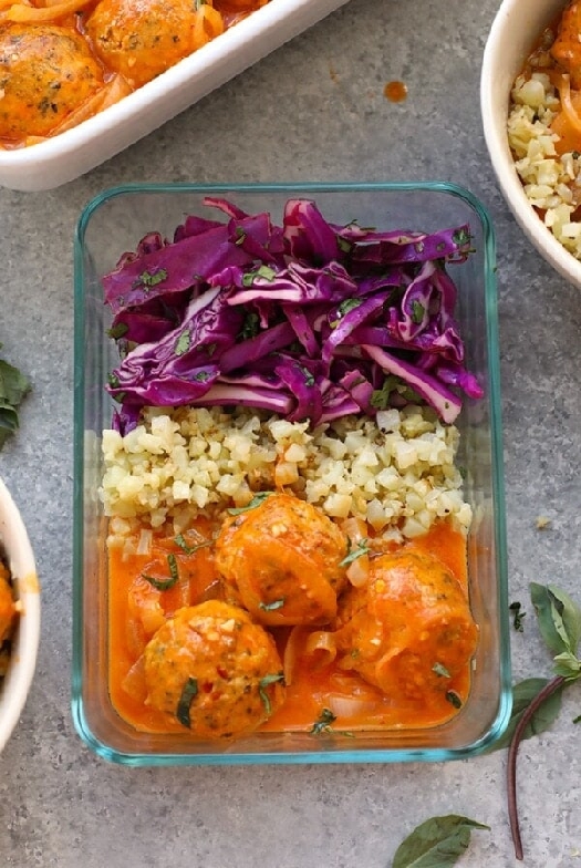 Red coconut curry meatballs with cauliflower rice