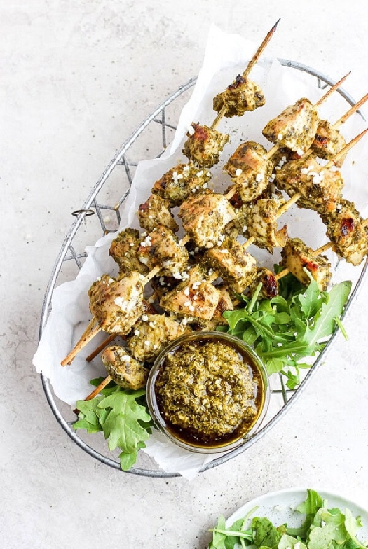 Grilled pesto chicken skewers