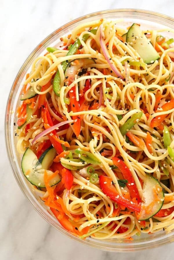 Rainbow sesame noodle salad