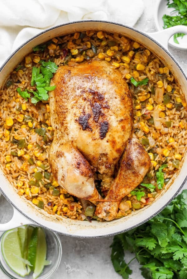 One-pot whole roasted chicken with spanish rice and veggies