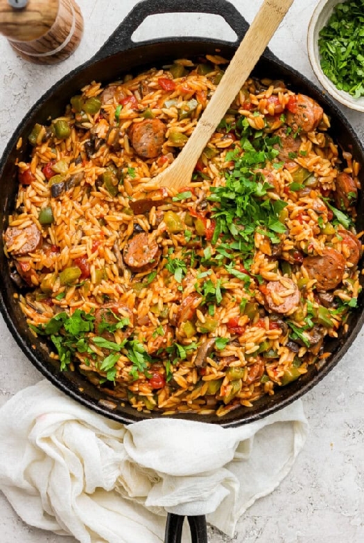 One-pan orzo and chicken sausage