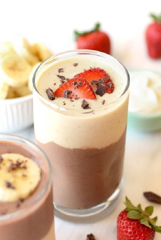 Layered chocolate banana smoothie with protein