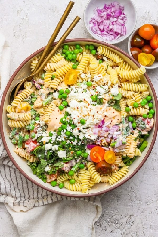Cottage cheese roasted red pepper pasta salad
