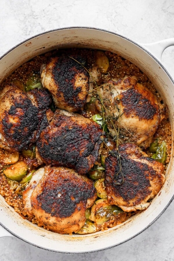 Dutch oven chicken thighs with brussels sprouts
