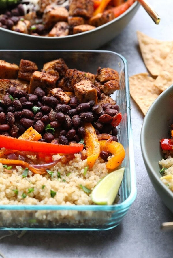 Sheet pan tofu quinoa burrito bowls