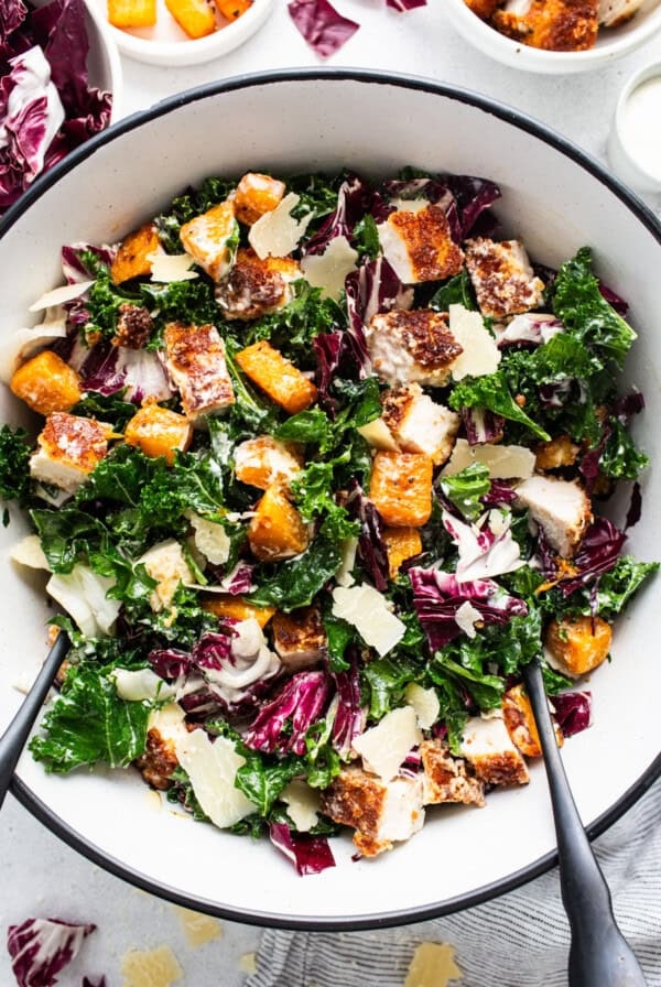 Crispy chicken kale caesar salad