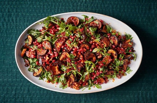 Jewelled roasted aubergines with walnuts, mint & pomegranate