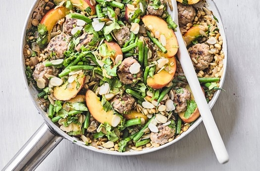 Mixed grain pilaf with pork & peaches