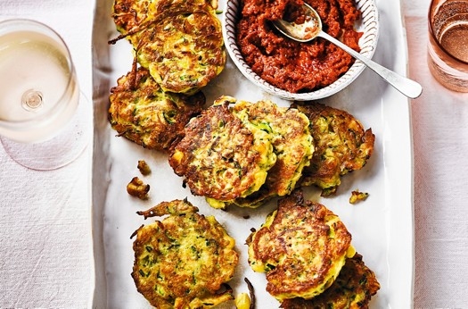 Leek, courgette & sweetcorn fritters with rose harissa pesto