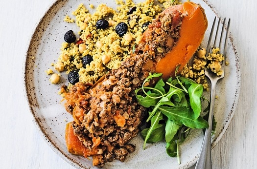Vegan moroccan stuffed butternut squash