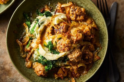 Caraway pork meatballs with apple & cabbage mash