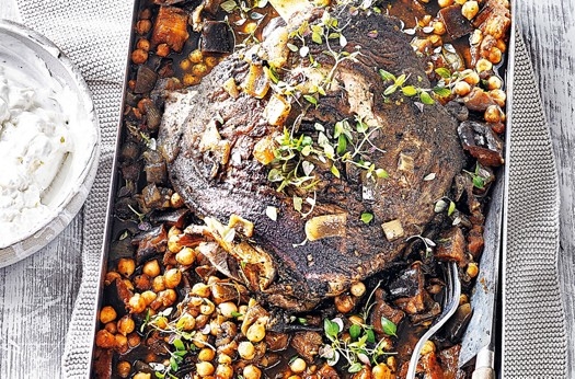 Low & slow lamb shoulder with harissa chick peas & feta yogurt