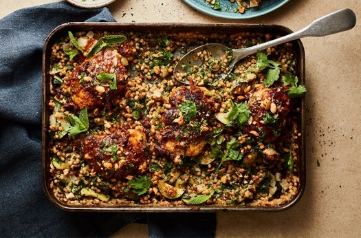 Peanut harissa chicken with herbed lemon, courgette & giant couscous