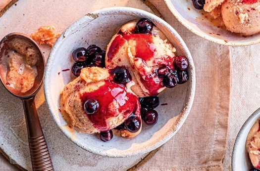 No-churn peach & nectarine yogurt ice cream with blueberries