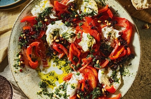 Roast peppers with mozzarella, pine nuts, currants & mint pesto