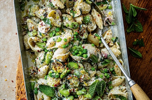 Roasted feta conchiglie with mint, chilli & lemon