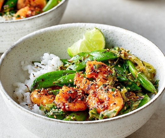 Chilli and garlic prawn rice bowls
