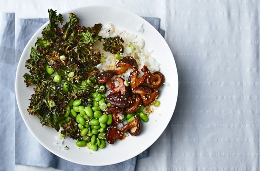 Shiitake mushroom and crispy kale rice bowls