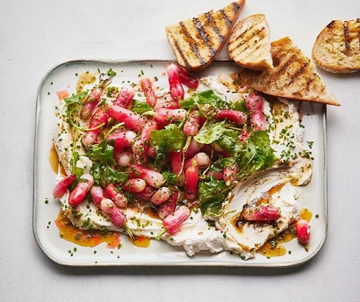 Roasted radishes on ricotta with smoky brown butter