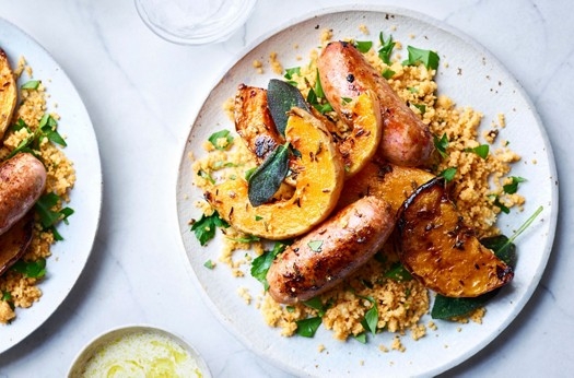 Dinner and lunch: chorizo sausages & herby couscous + chorizo & squash salad